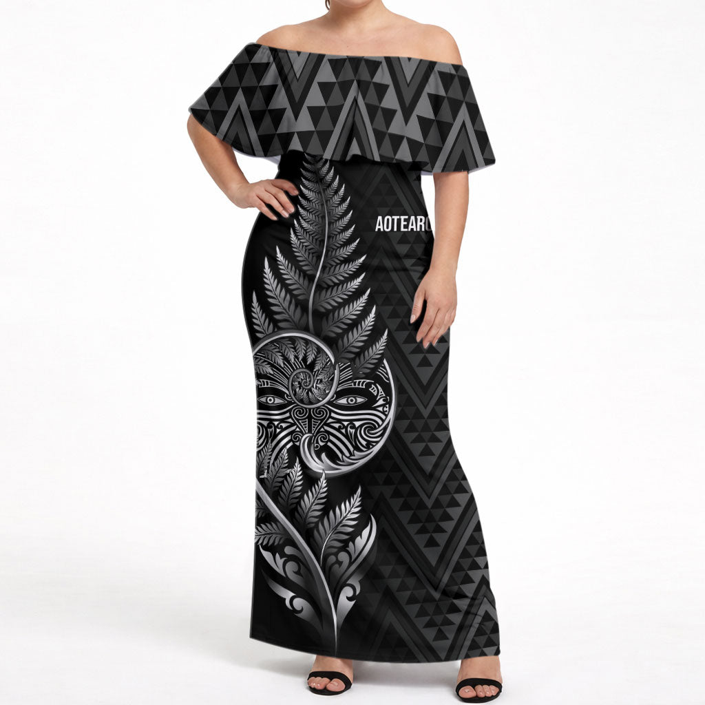 New Zealand Ta Moko Silver Fern Off Shoulder Maxi Dress Taniko Taniwha Motifs