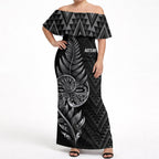 New Zealand Ta Moko Silver Fern Off Shoulder Maxi Dress Taniko Taniwha Motifs