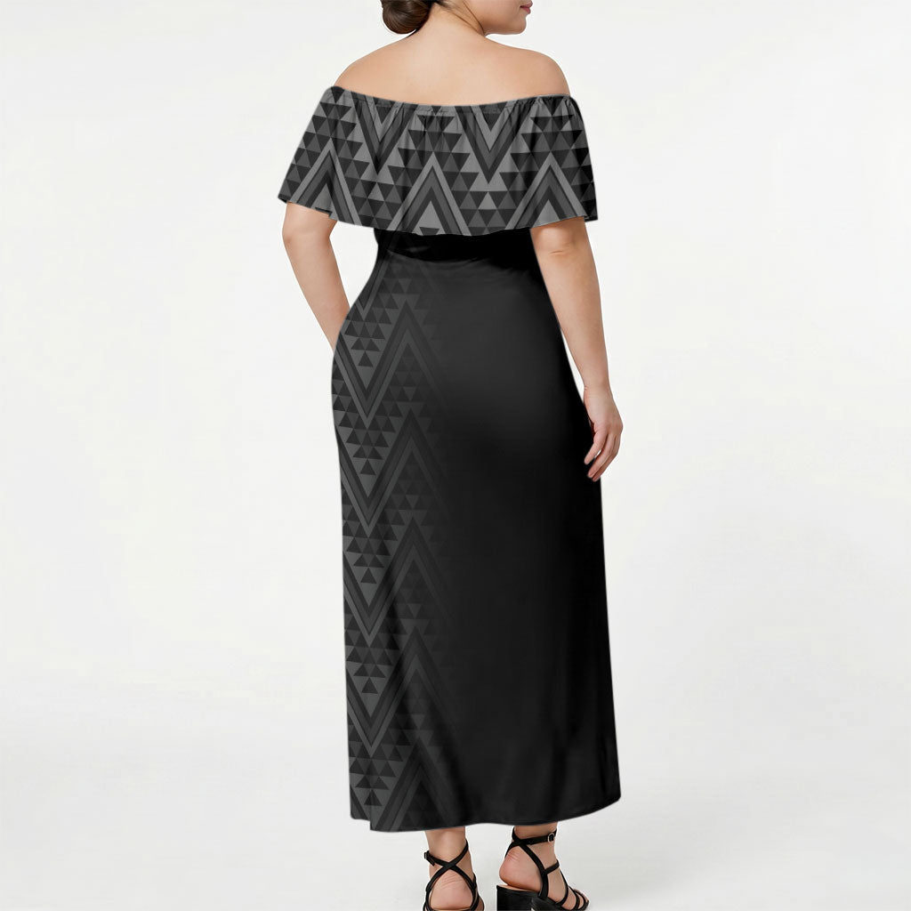 New Zealand Ta Moko Silver Fern Off Shoulder Maxi Dress Taniko Taniwha Motifs