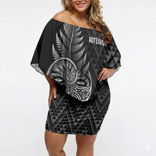 New Zealand Ta Moko Silver Fern Off Shoulder Short Dress Taniko Taniwha Motifs