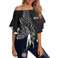 New Zealand Ta Moko Silver Fern Off Shoulder Wrap Waist Top Taniko Taniwha Motifs