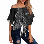 New Zealand Ta Moko Silver Fern Off Shoulder Wrap Waist Top Taniko Taniwha Motifs