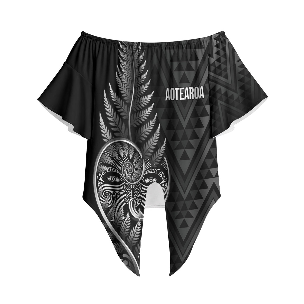 New Zealand Ta Moko Silver Fern Off Shoulder Wrap Waist Top Taniko Taniwha Motifs