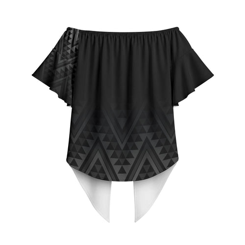 New Zealand Ta Moko Silver Fern Off Shoulder Wrap Waist Top Taniko Taniwha Motifs
