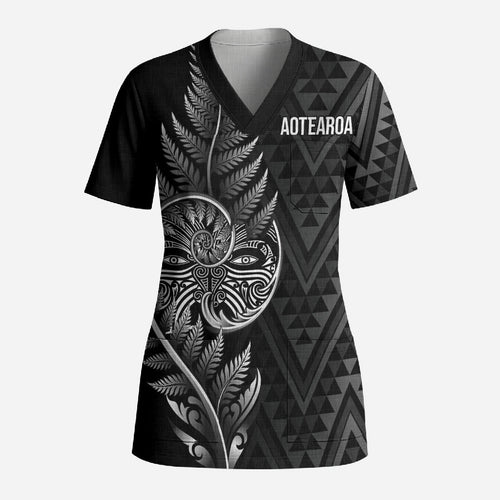 New Zealand Ta Moko Silver Fern Scrub Top Taniko Taniwha Motifs