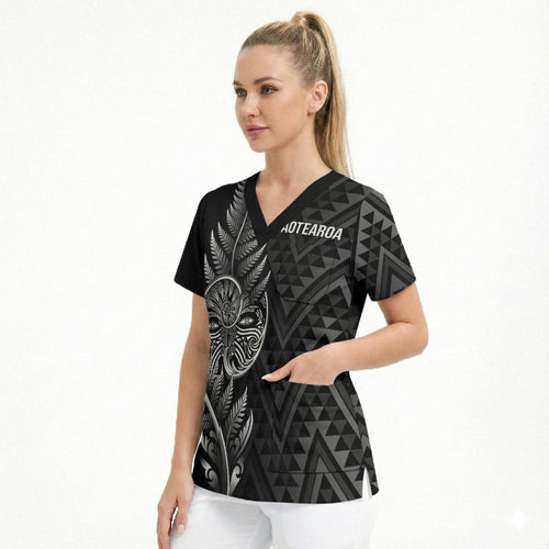 New Zealand Ta Moko Silver Fern Scrub Top Taniko Taniwha Motifs