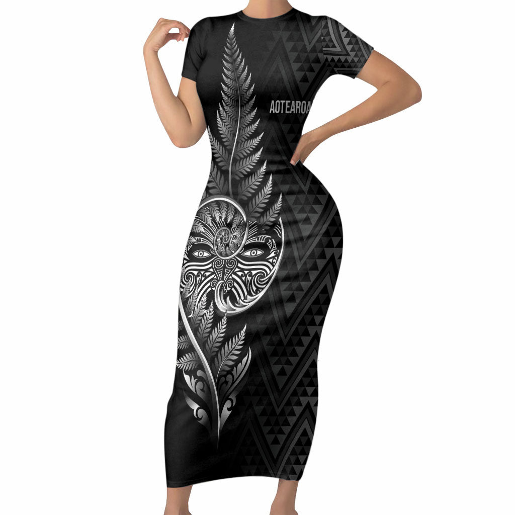 New Zealand Ta Moko Silver Fern Short Sleeve Bodycon Dress Taniko Taniwha Motifs