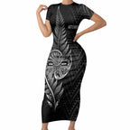 New Zealand Ta Moko Silver Fern Short Sleeve Bodycon Dress Taniko Taniwha Motifs