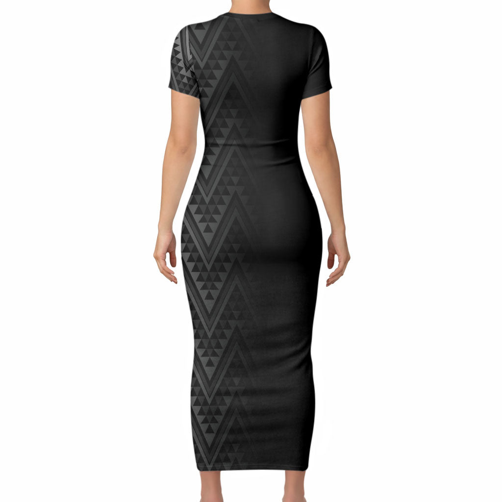 New Zealand Ta Moko Silver Fern Short Sleeve Bodycon Dress Taniko Taniwha Motifs