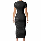 New Zealand Ta Moko Silver Fern Short Sleeve Bodycon Dress Taniko Taniwha Motifs
