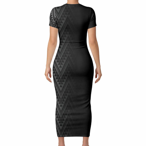 New Zealand Ta Moko Silver Fern Short Sleeve Bodycon Dress Taniko Taniwha Motifs