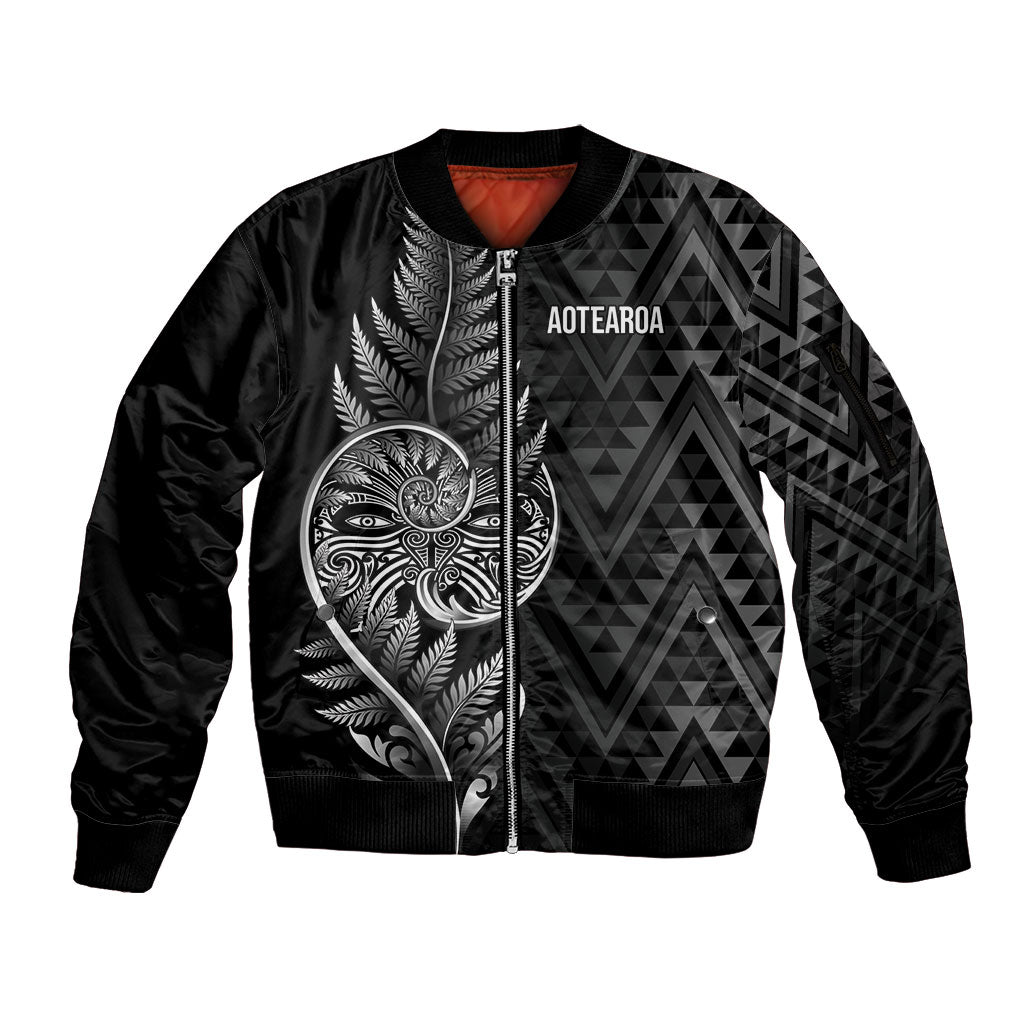 New Zealand Ta Moko Silver Fern Sleeve Zip Bomber Jacket Taniko Taniwha Motifs