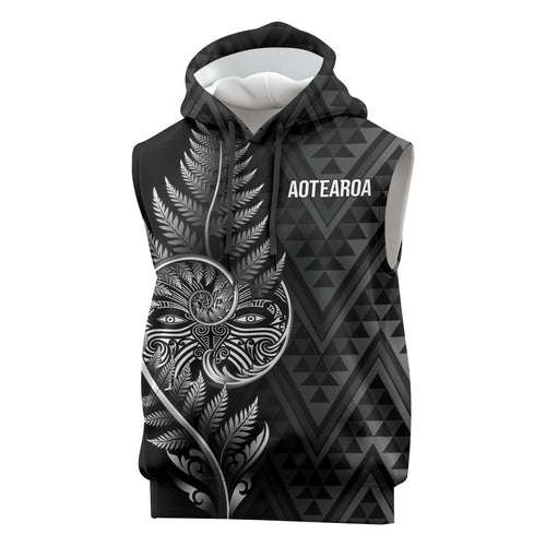 New Zealand Ta Moko Silver Fern Sleeveless Hoodie Taniko Taniwha Motifs
