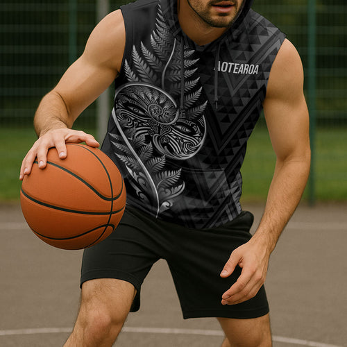 New Zealand Ta Moko Silver Fern Sleeveless Hoodie Taniko Taniwha Motifs