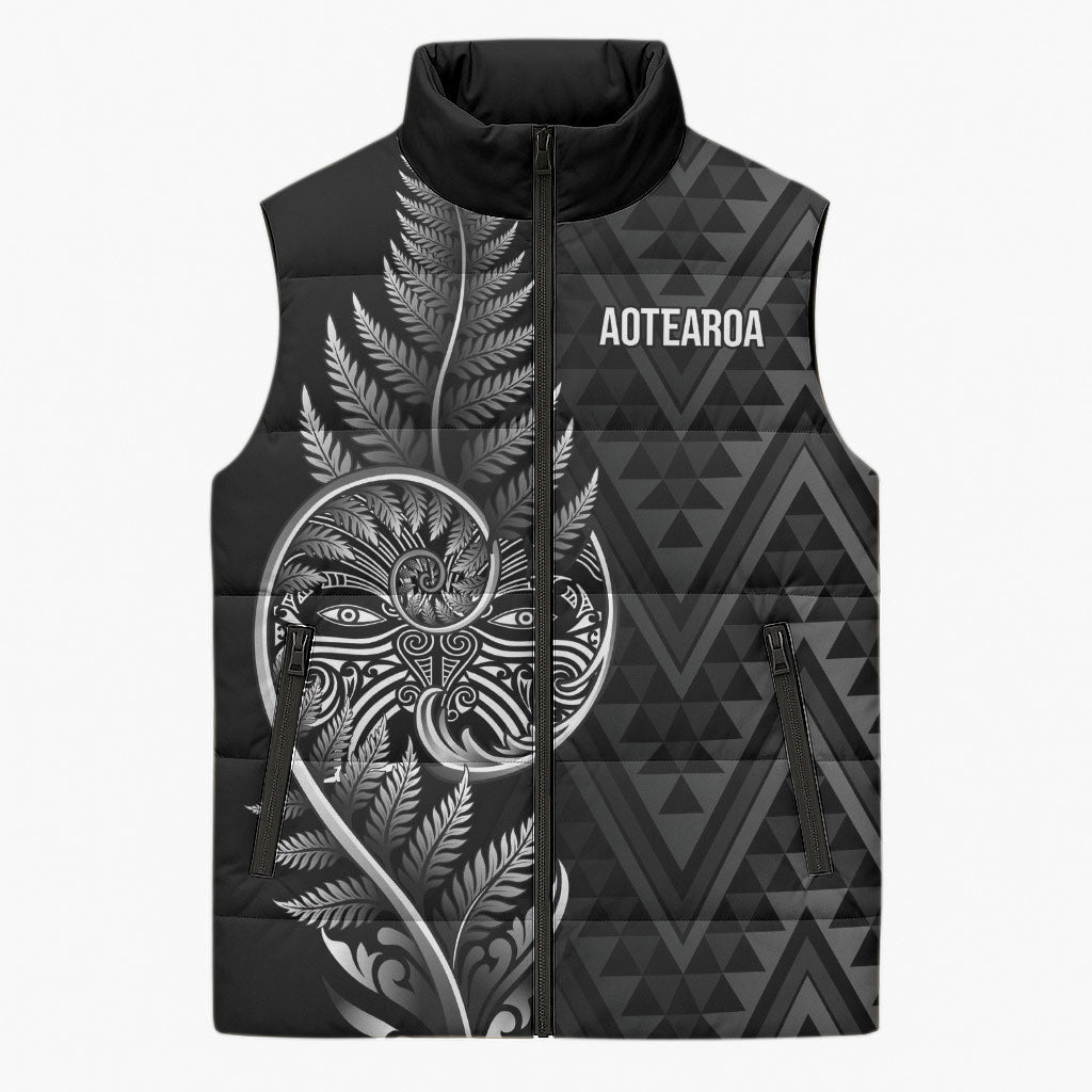 New Zealand Ta Moko Silver Fern Sleeveless Puffer Jacket Taniko Taniwha Motifs