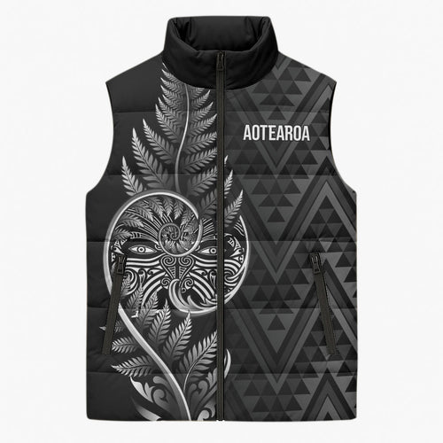 New Zealand Ta Moko Silver Fern Sleeveless Puffer Jacket Taniko Taniwha Motifs