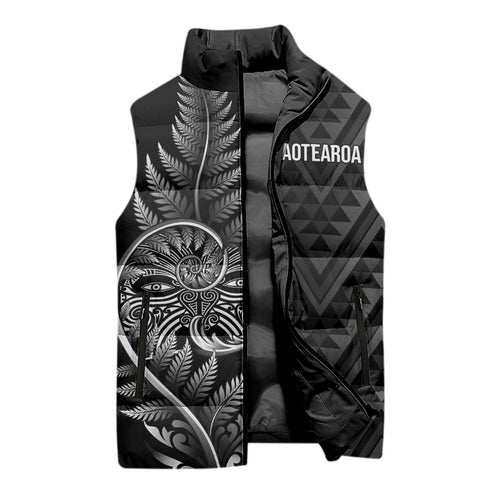 New Zealand Ta Moko Silver Fern Sleeveless Puffer Jacket Taniko Taniwha Motifs