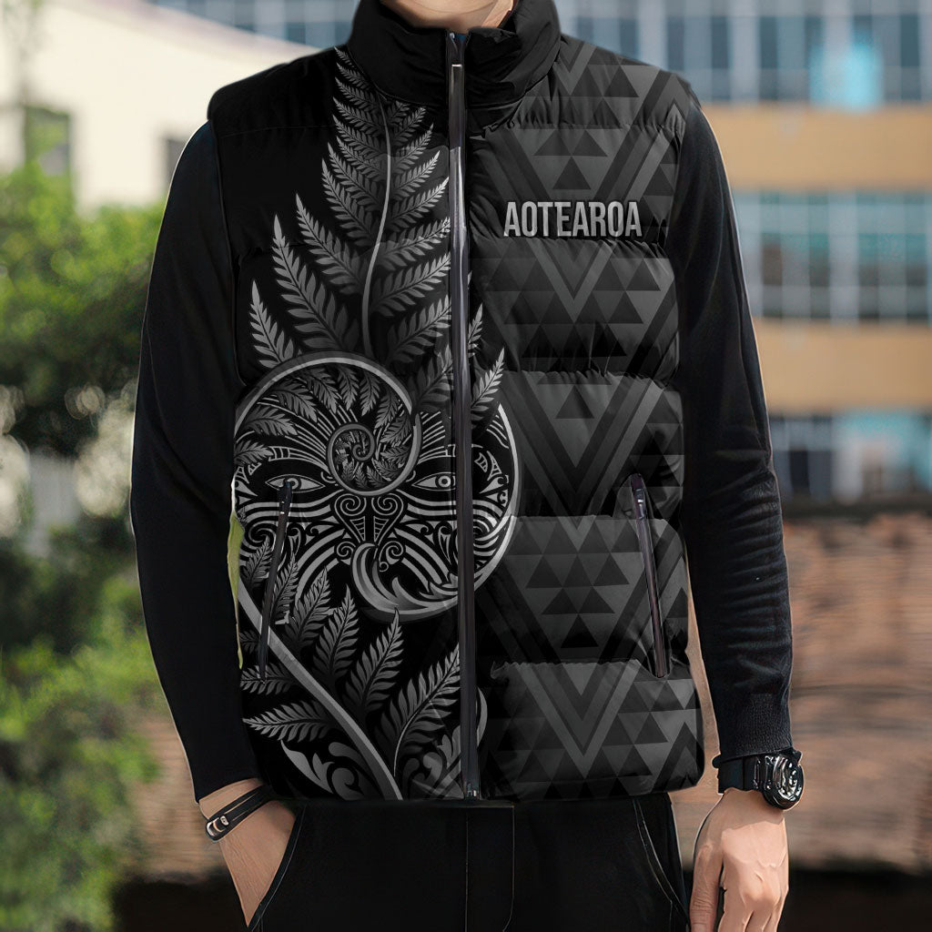 New Zealand Ta Moko Silver Fern Sleeveless Puffer Jacket Taniko Taniwha Motifs