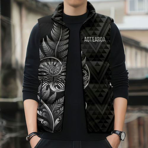 New Zealand Ta Moko Silver Fern Sleeveless Puffer Jacket Taniko Taniwha Motifs