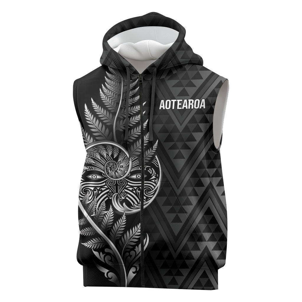 New Zealand Ta Moko Silver Fern Sleeveless Zip Hoodie Taniko Taniwha Motifs