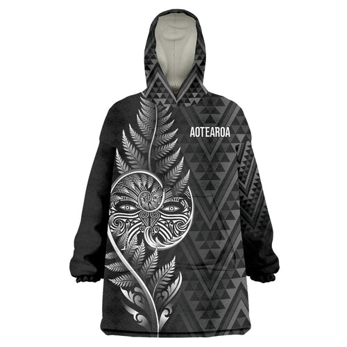 New Zealand Ta Moko Silver Fern Wearable Blanket Hoodie Taniko Taniwha Motifs