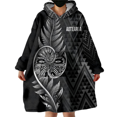 New Zealand Ta Moko Silver Fern Wearable Blanket Hoodie Taniko Taniwha Motifs