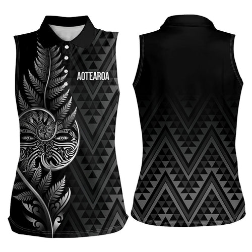 New Zealand Ta Moko Silver Fern Women Sleeveless Polo Shirt Taniko Taniwha Motifs