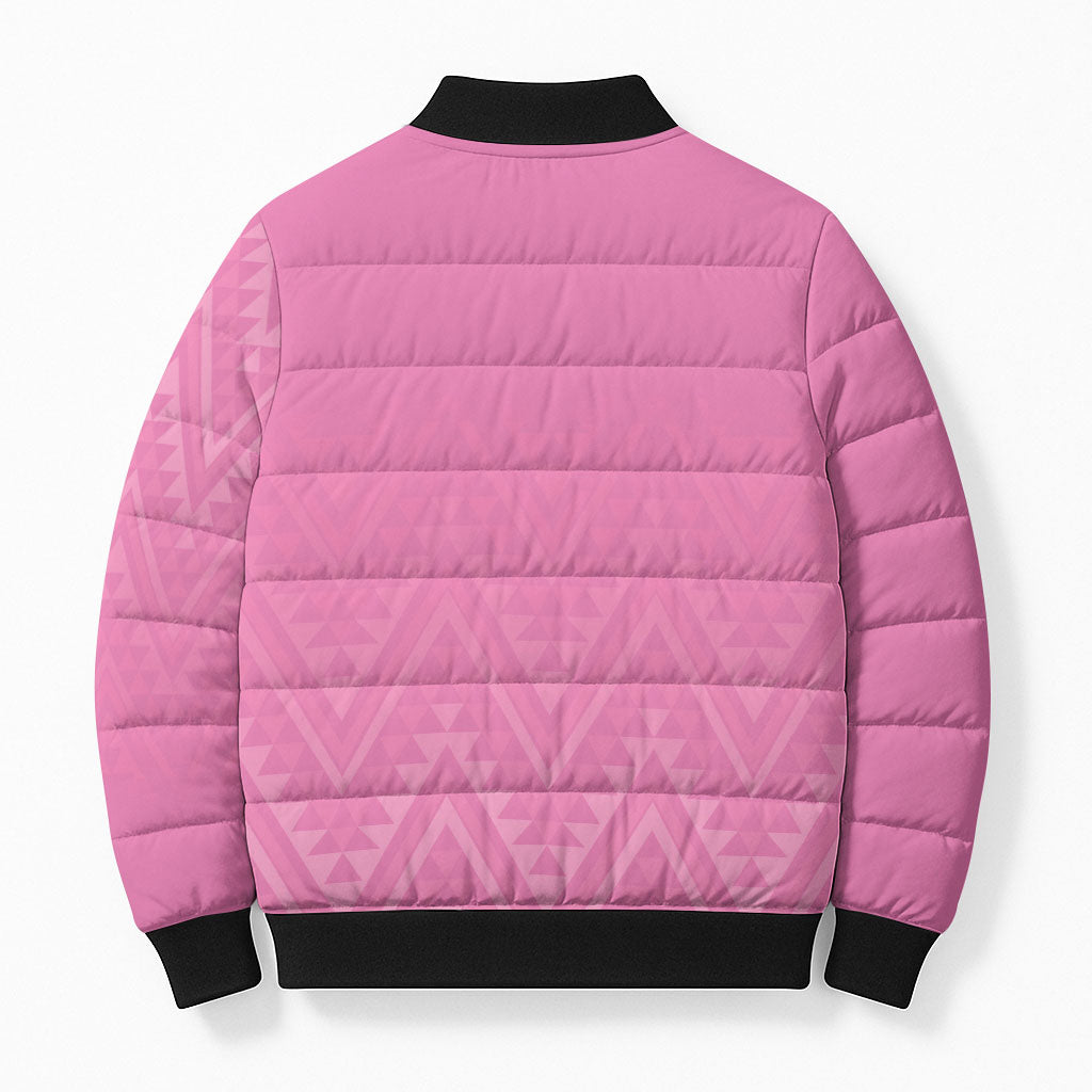 New Zealand Ta Moko Silver Fern Pink Bomber Puffer Jacket Taniko Taniwha Motifs