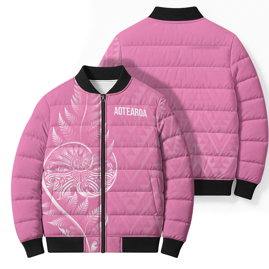 New Zealand Ta Moko Silver Fern Pink Bomber Puffer Jacket Taniko Taniwha Motifs