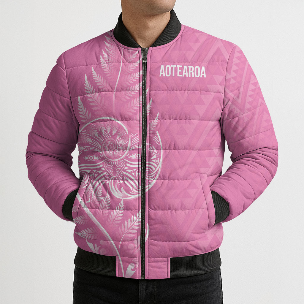 New Zealand Ta Moko Silver Fern Pink Bomber Puffer Jacket Taniko Taniwha Motifs