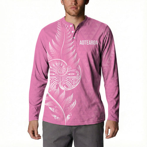 New Zealand Ta Moko Silver Fern Pink Button Sweatshirt Taniko Taniwha Motifs