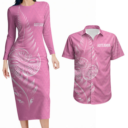 New Zealand Ta Moko Silver Fern Pink Couples Matching Long Sleeve Bodycon Dress and Hawaiian Shirt Taniko Taniwha Motifs