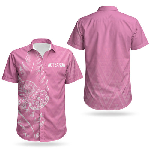 New Zealand Ta Moko Silver Fern Pink Couples Matching Long Sleeve Bodycon Dress and Hawaiian Shirt Taniko Taniwha Motifs