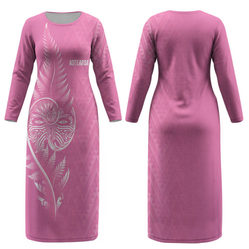 New Zealand Ta Moko Silver Fern Pink Couples Matching Long Sleeve Bodycon Dress and Hawaiian Shirt Taniko Taniwha Motifs