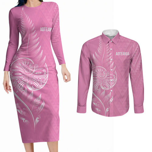 New Zealand Ta Moko Silver Fern Pink Couples Matching Long Sleeve Bodycon Dress and Long Sleeve Button Shirt Taniko Taniwha Motifs