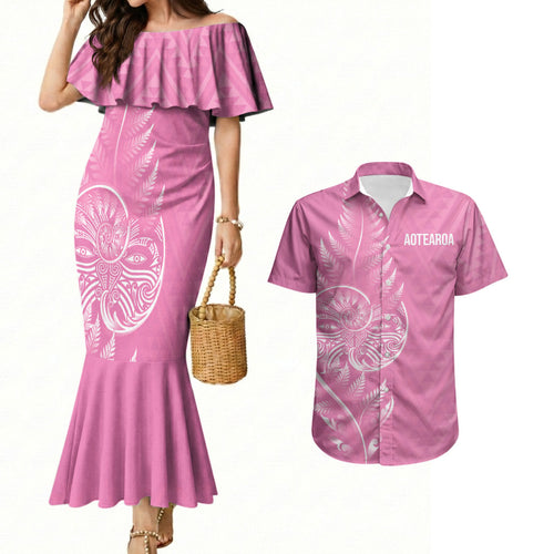 New Zealand Ta Moko Silver Fern Pink Couples Matching Mermaid Dress and Hawaiian Shirt Taniko Taniwha Motifs