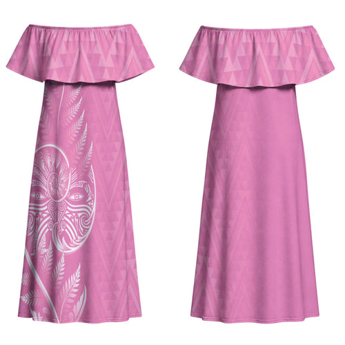 New Zealand Ta Moko Silver Fern Pink Couples Matching Off Shoulder Maxi Dress and Hawaiian Shirt Taniko Taniwha Motifs