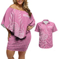 New Zealand Ta Moko Silver Fern Pink Couples Matching Off Shoulder Short Dress and Hawaiian Shirt Taniko Taniwha Motifs