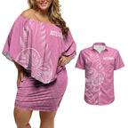 New Zealand Ta Moko Silver Fern Pink Couples Matching Off Shoulder Short Dress and Hawaiian Shirt Taniko Taniwha Motifs