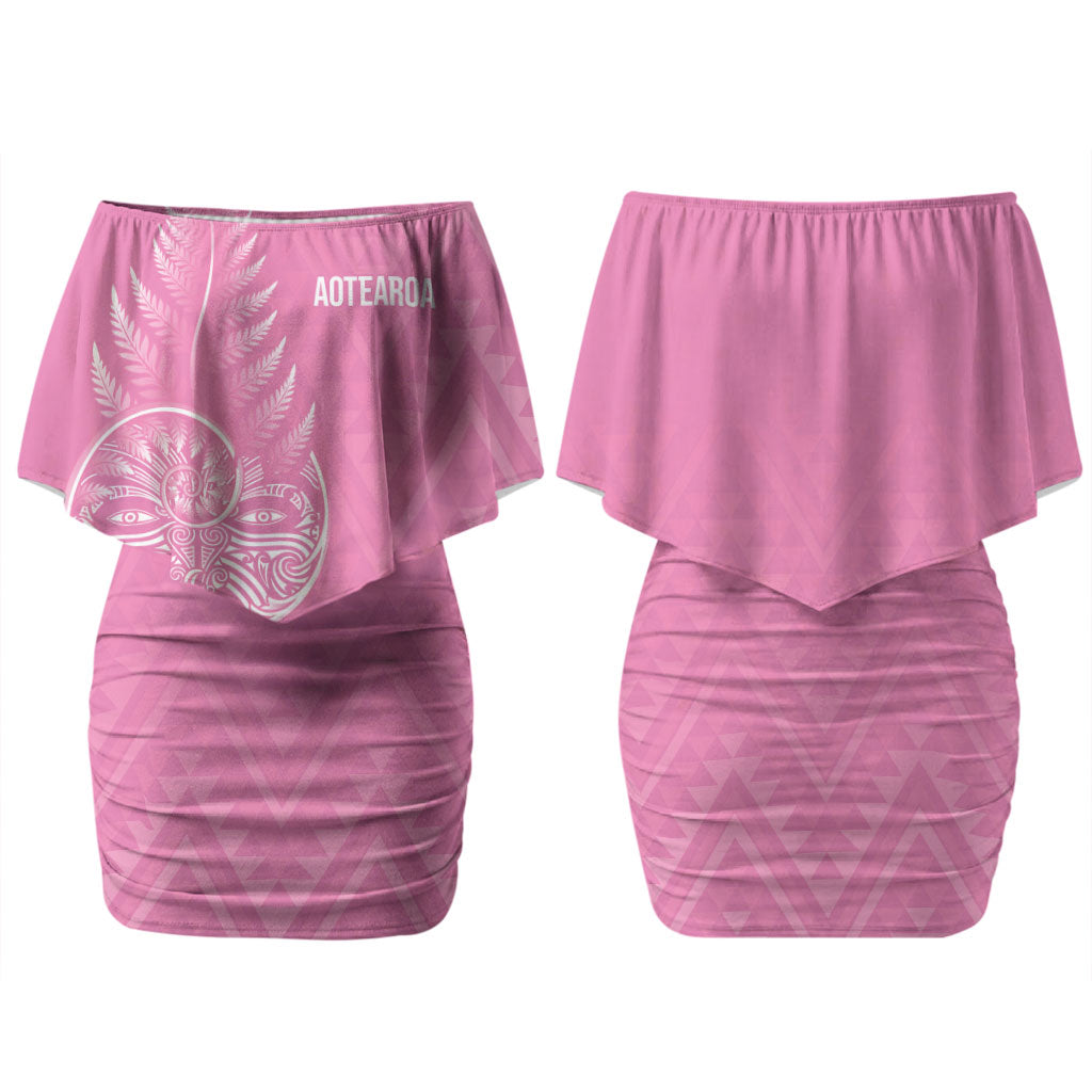 New Zealand Ta Moko Silver Fern Pink Couples Matching Off Shoulder Short Dress and Hawaiian Shirt Taniko Taniwha Motifs