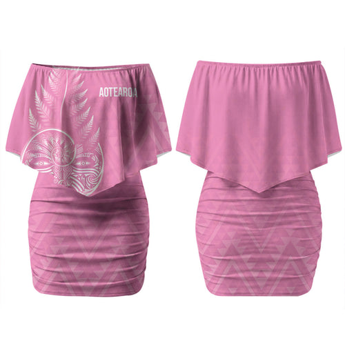 New Zealand Ta Moko Silver Fern Pink Couples Matching Off Shoulder Short Dress and Hawaiian Shirt Taniko Taniwha Motifs