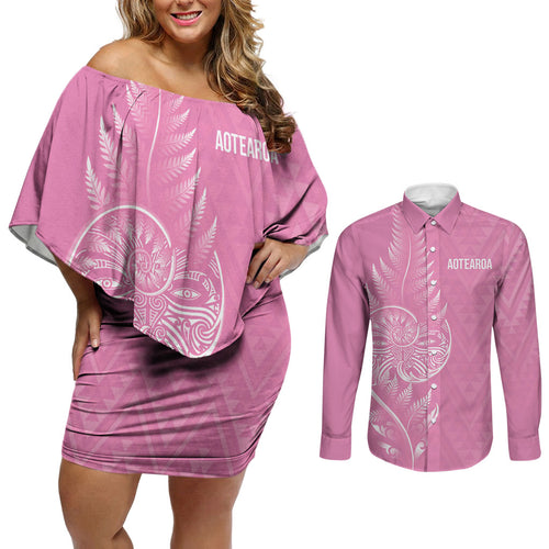 New Zealand Ta Moko Silver Fern Pink Couples Matching Off Shoulder Short Dress and Long Sleeve Button Shirt Taniko Taniwha Motifs