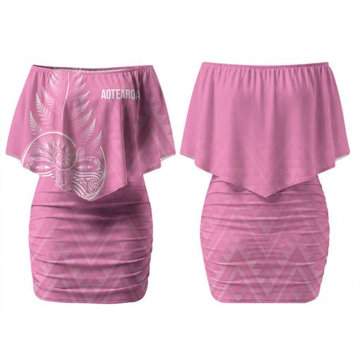 New Zealand Ta Moko Silver Fern Pink Couples Matching Off Shoulder Short Dress and Long Sleeve Button Shirt Taniko Taniwha Motifs