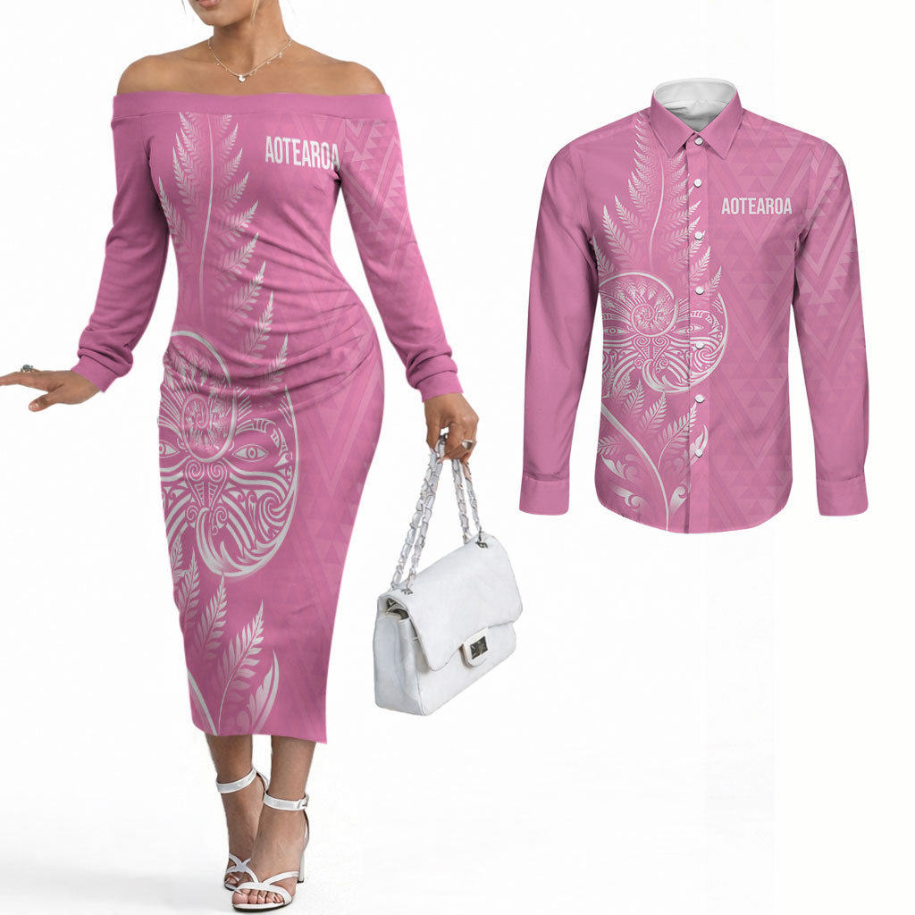 New Zealand Ta Moko Silver Fern Pink Couples Matching Off The Shoulder Long Sleeve Dress and Long Sleeve Button Shirt Taniko Taniwha Motifs