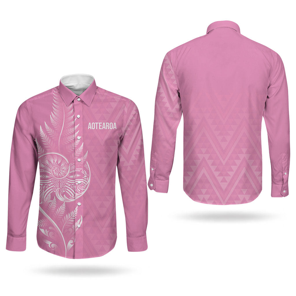 New Zealand Ta Moko Silver Fern Pink Couples Matching Off The Shoulder Long Sleeve Dress and Long Sleeve Button Shirt Taniko Taniwha Motifs