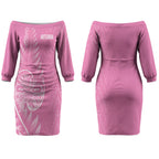 New Zealand Ta Moko Silver Fern Pink Couples Matching Off The Shoulder Long Sleeve Dress and Long Sleeve Button Shirt Taniko Taniwha Motifs