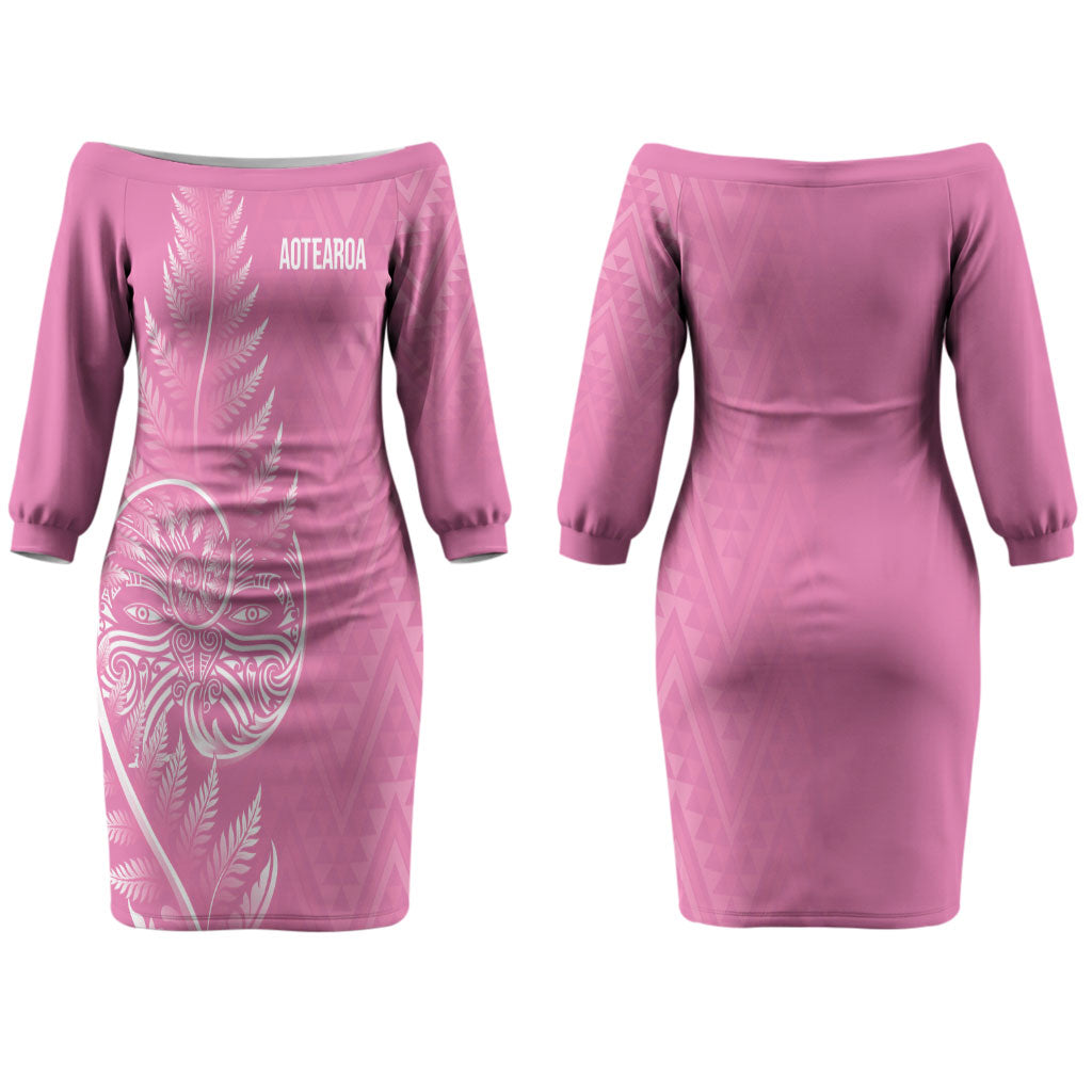 New Zealand Ta Moko Silver Fern Pink Couples Matching Off The Shoulder Long Sleeve Dress and Long Sleeve Button Shirt Taniko Taniwha Motifs