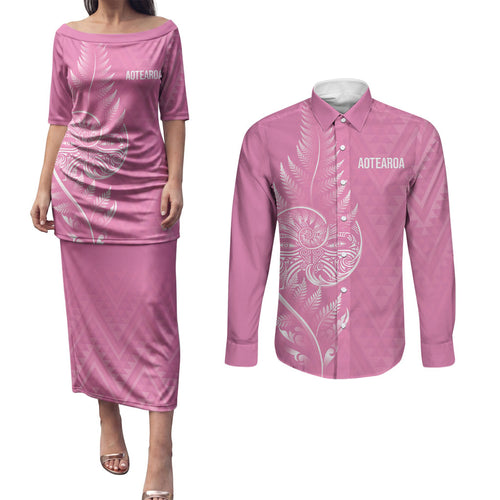 New Zealand Ta Moko Silver Fern Pink Couples Matching Puletasi and Long Sleeve Button Shirt Taniko Taniwha Motifs
