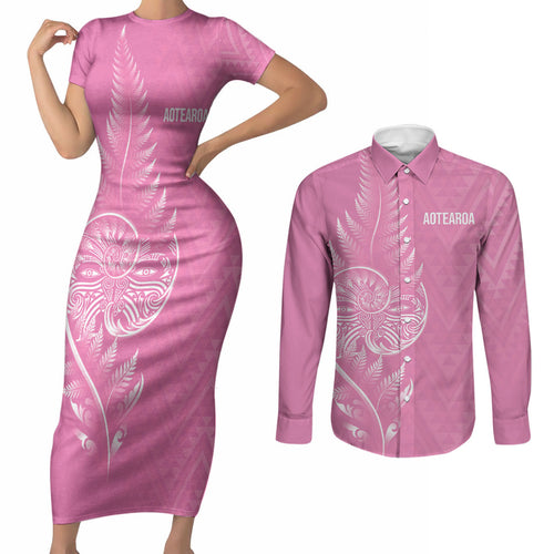 New Zealand Ta Moko Silver Fern Pink Couples Matching Short Sleeve Bodycon Dress and Long Sleeve Button Shirt Taniko Taniwha Motifs
