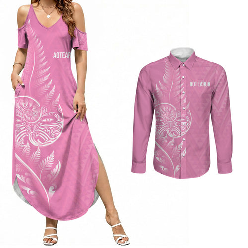 New Zealand Ta Moko Silver Fern Pink Couples Matching Summer Maxi Dress and Long Sleeve Button Shirt Taniko Taniwha Motifs